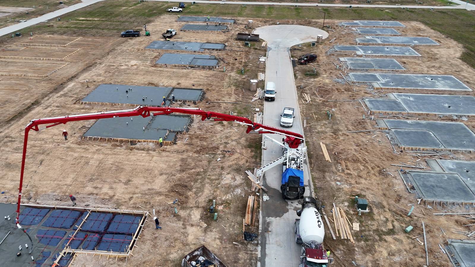 Concrete pump placing a residential slab in East Montgomery County, Greater Houston